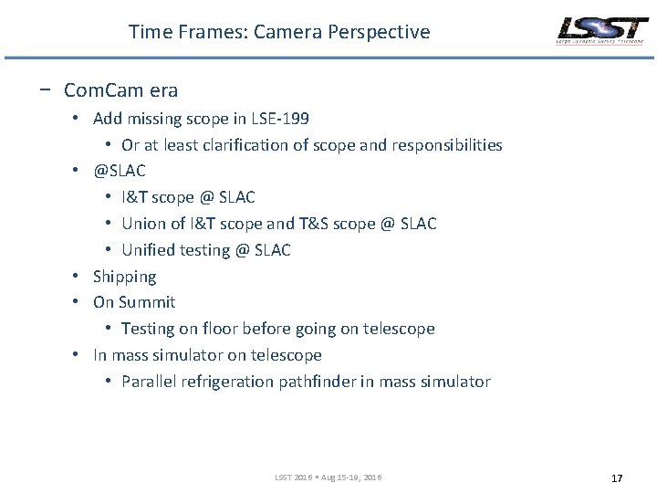 Time Frames: Camera Perspective − Com. Cam era • Add missing scope in LSE-199