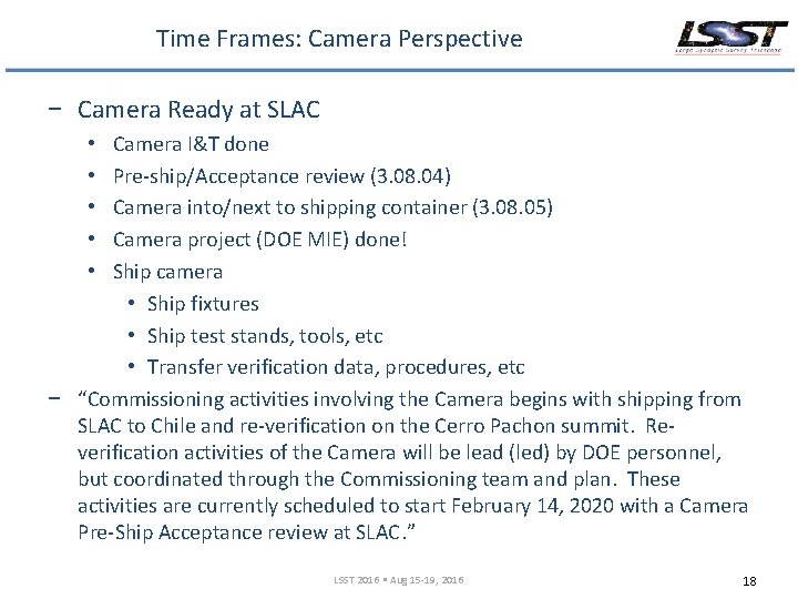 Time Frames: Camera Perspective − Camera Ready at SLAC Camera I&T done Pre-ship/Acceptance review