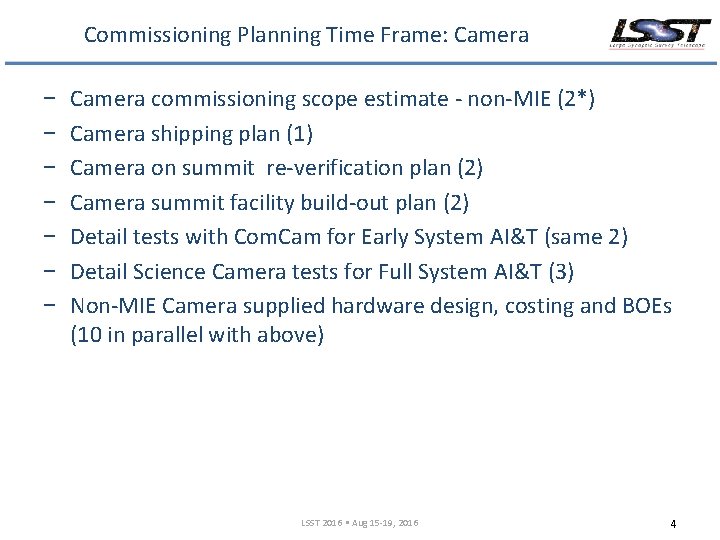 Commissioning Planning Time Frame: Camera − − − − Camera commissioning scope estimate -