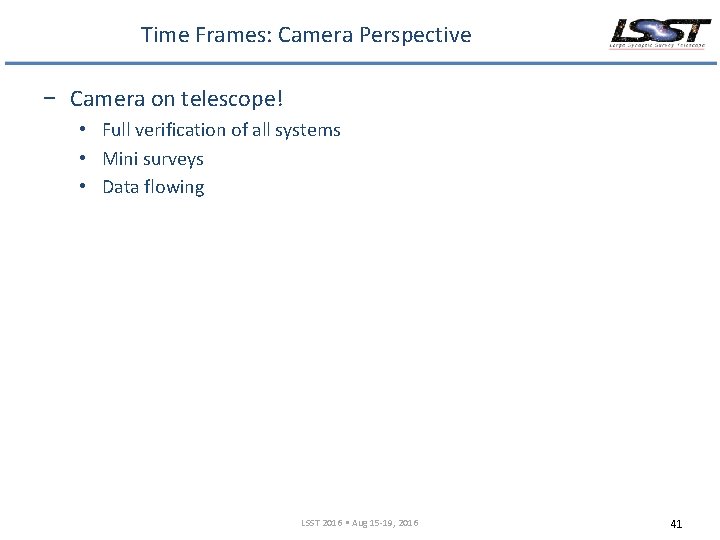 Time Frames: Camera Perspective − Camera on telescope! • Full verification of all systems