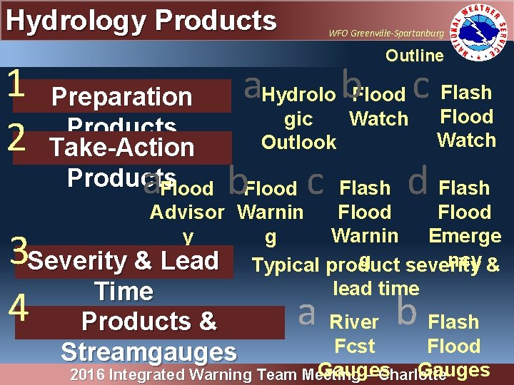 Hydrology Products 1 2 WFO Greenville-Spartanburg Outline Preparation Products Take-Action Products Flood a a.