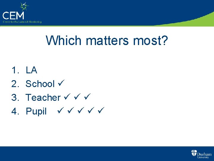 Which matters most? 1. 2. 3. 4. LA School Teacher Pupil 