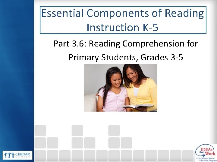 Essential Components of Reading Instruction K-5 Part 3. 6: Reading Comprehension for Primary Students,