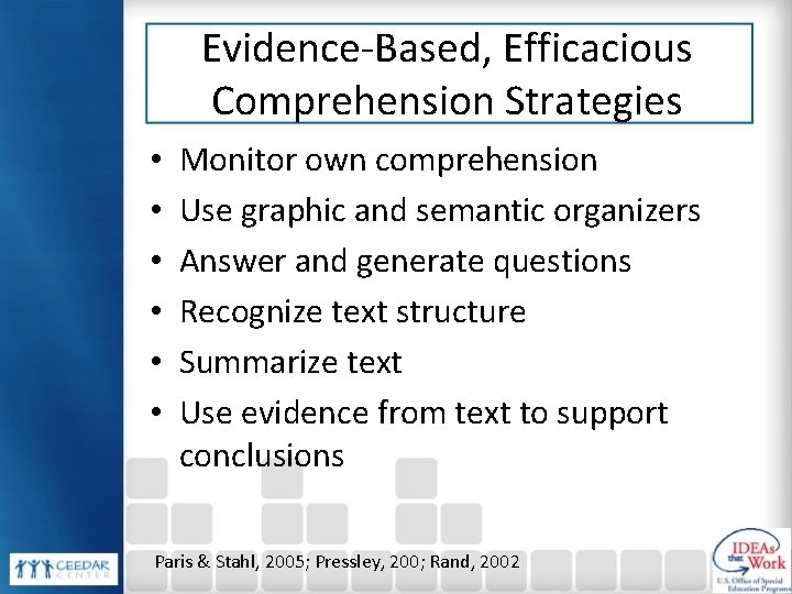 Evidence-Based, Efficacious Comprehension Strategies • • • Monitor own comprehension Use graphic and semantic