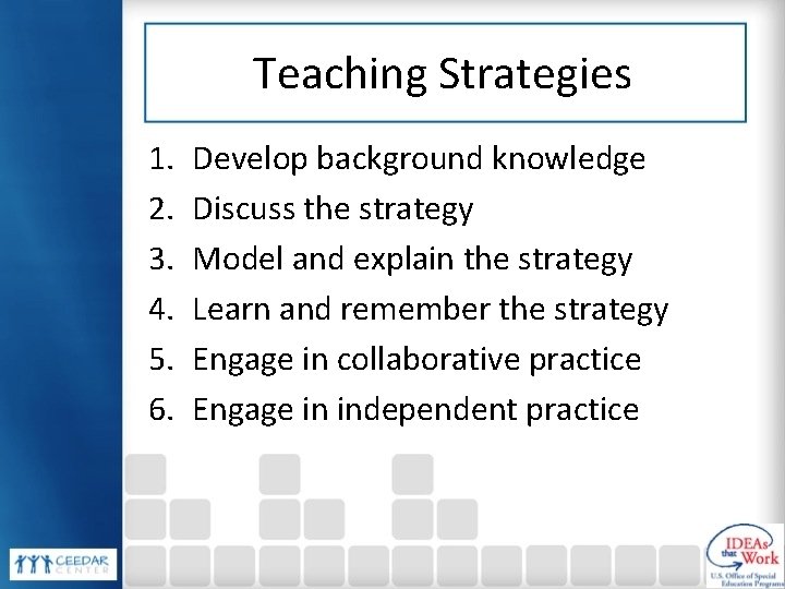 Teaching Strategies 1. 2. 3. 4. 5. 6. Develop background knowledge Discuss the strategy