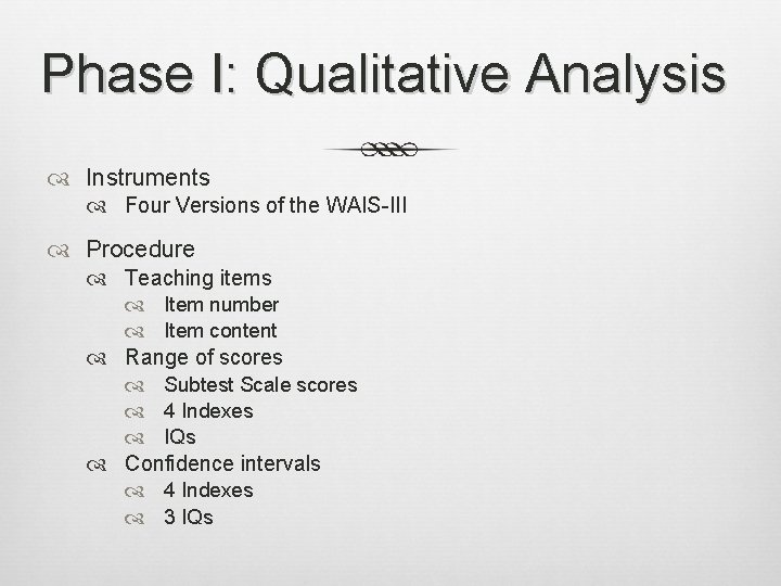 Phase I: Qualitative Analysis Instruments Four Versions of the WAIS-III Procedure Teaching items Item
