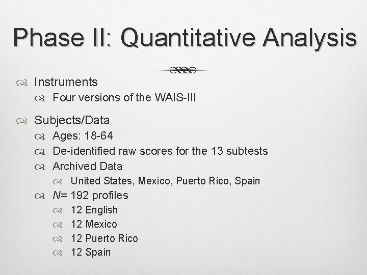 Phase II: Quantitative Analysis Instruments Four versions of the WAIS-III Subjects/Data Ages: 18 -64