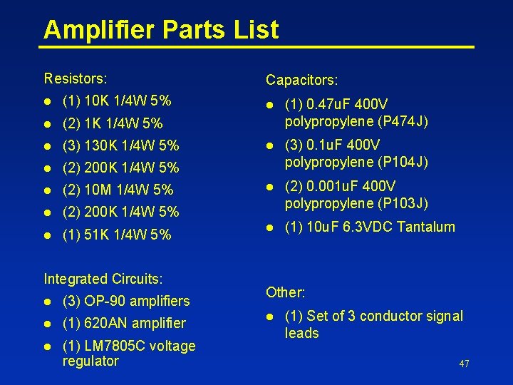 Amplifier Parts List Resistors: l (1) 10 K 1/4 W 5% l (2) 1