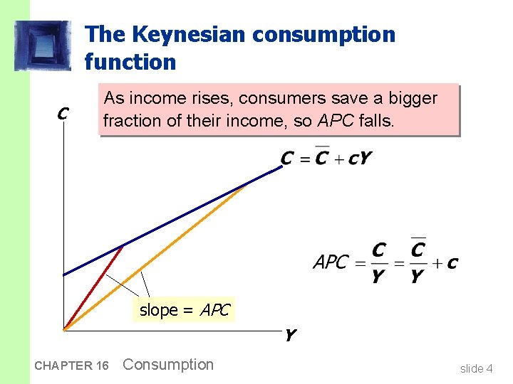The Keynesian consumption function C As income rises, consumers save a bigger fraction of