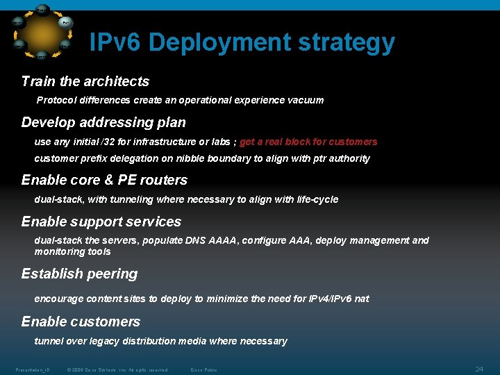 Prepare Plan Optimize Operate Design Implement IPv 6 Deployment strategy Train the architects Protocol Prepare Plan Optimize Operate Design Implement IPv 6 Deployment strategy Train the architects Protocol