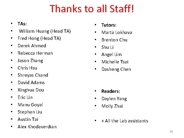 Thanks to all Staff! • • • • TAs: William Huang (Head TA) Fred