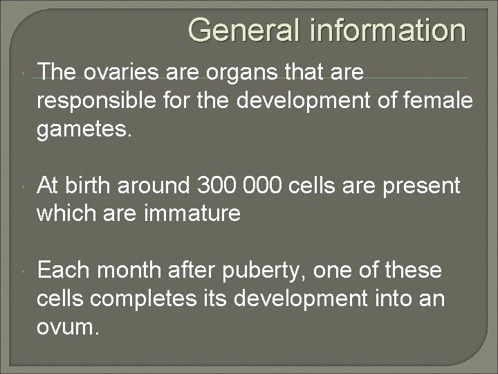 General information The ovaries are organs that are responsible for the development of female