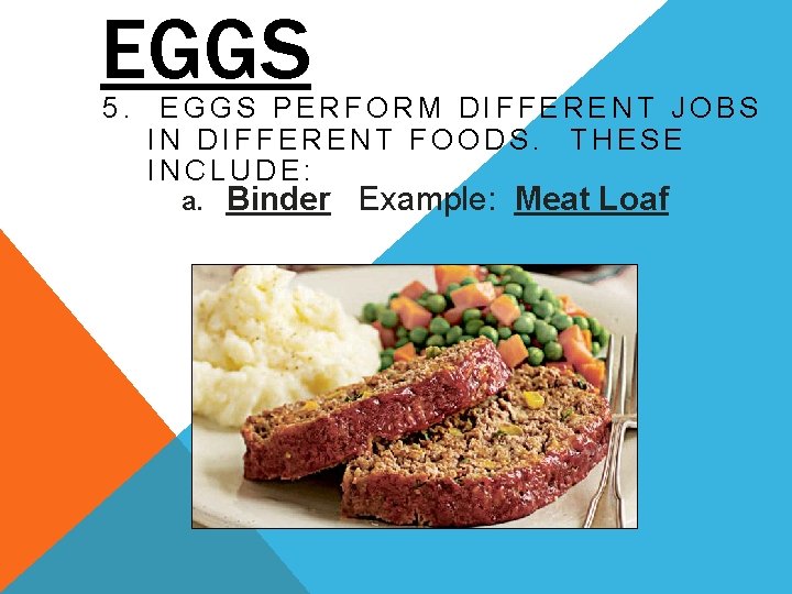 EGGS 5. EGGS PERFORM DIFFERENT JOBS IN DIFFERENT FOODS. THESE INCLUDE: a. Binder Example: