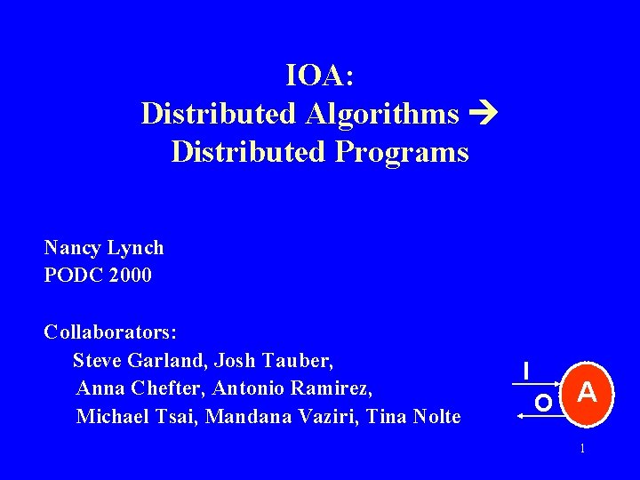 IOA: Distributed Algorithms Distributed Programs Nancy Lynch PODC 2000 Collaborators: Steve Garland, Josh Tauber,