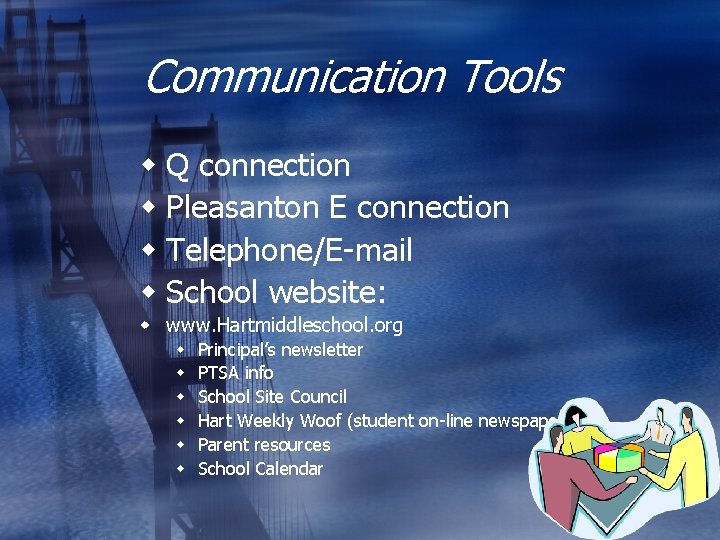 Communication Tools w Q connection w Pleasanton E connection w Telephone/E-mail w School website: