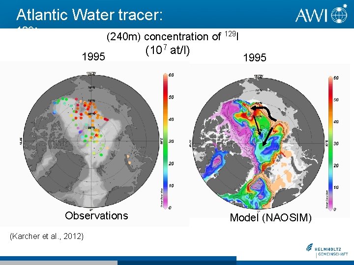 Atlantic Water tracer: 129 I (240 m) concentration of 129 I 1995 Observations (Karcher Atlantic Water tracer: 129 I (240 m) concentration of 129 I 1995 Observations (Karcher