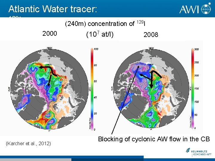 Atlantic Water tracer: 129 I (240 m) concentration of 129 I 2000 (Karcher et Atlantic Water tracer: 129 I (240 m) concentration of 129 I 2000 (Karcher et