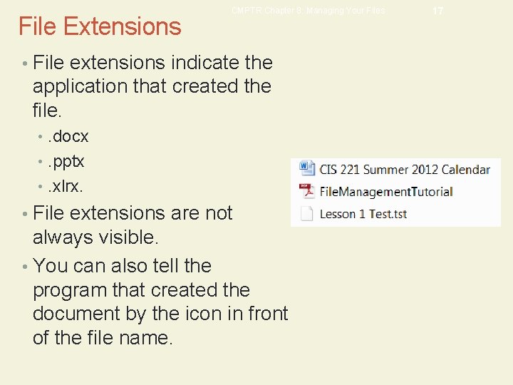 File Extensions CMPTR Chapter 8: Managing Your Files • File extensions indicate the application