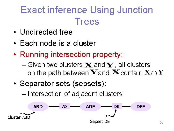 Exact inference Using Junction Trees • Undirected tree • Each node is a cluster