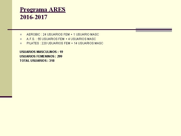 Programa ARES 2016 -2017 n n n AEROBIC : 24 USUARIOS FEM + 1