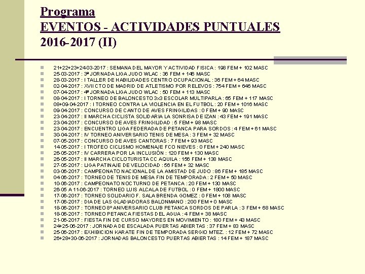 Programa EVENTOS - ACTIVIDADES PUNTUALES 2016 -2017 (II) n n n n n n