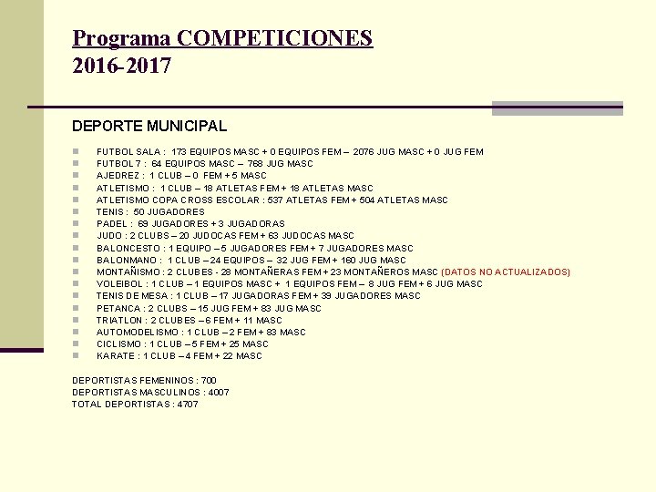 Programa COMPETICIONES 2016 -2017 DEPORTE MUNICIPAL n n n n n FUTBOL SALA :