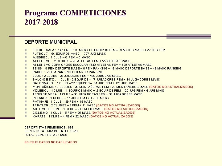 Programa COMPETICIONES 2017 -2018 DEPORTE MUNICIPAL n n n n n FUTBOL SALA :