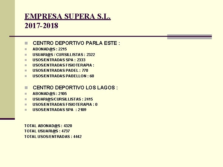 EMPRESA SUPERA S. L. 2017 -2018 n CENTRO DEPORTIVO PARLA ESTE : n n