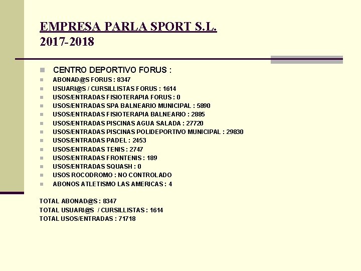 EMPRESA PARLA SPORT S. L. 2017 -2018 n CENTRO DEPORTIVO FORUS : n ABONAD@S