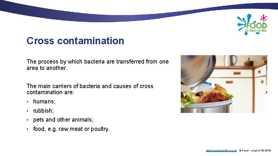 Cross contamination The process by which bacteria are transferred from one area to another.