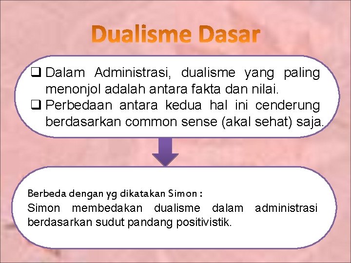 q Dalam Administrasi, dualisme yang paling menonjol adalah antara fakta dan nilai. q Perbedaan