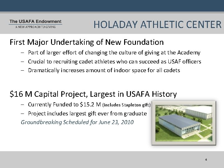 HOLADAY ATHLETIC CENTER First Major Undertaking of New Foundation – Part of larger effort