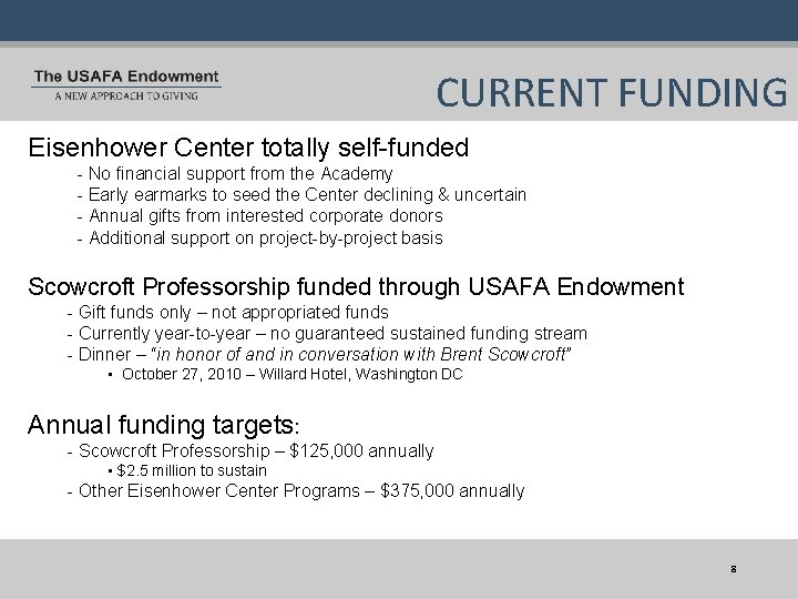 CURRENT FUNDING Eisenhower Center totally self-funded - No financial support from the Academy -