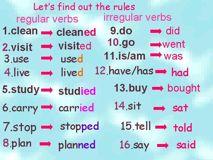 Let’s find out the rules irregular verbs 1. clean did cleaned 9. do 10.