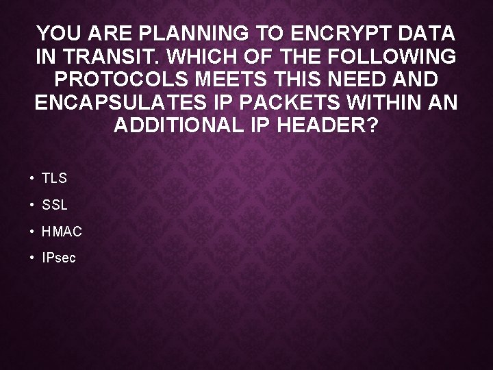YOU ARE PLANNING TO ENCRYPT DATA IN TRANSIT. WHICH OF THE FOLLOWING PROTOCOLS MEETS
