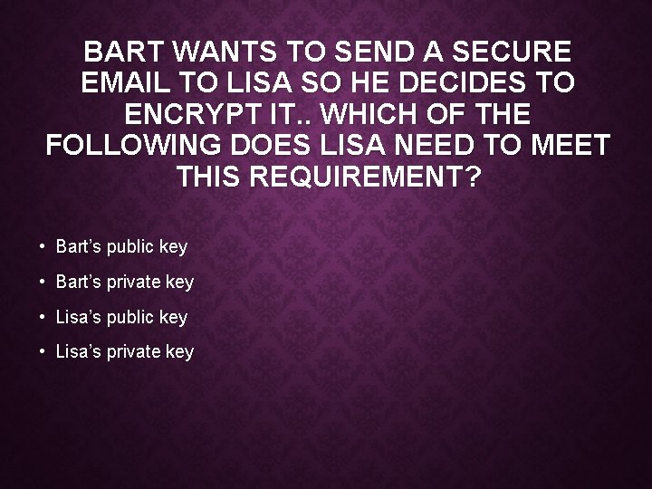 BART WANTS TO SEND A SECURE EMAIL TO LISA SO HE DECIDES TO ENCRYPT