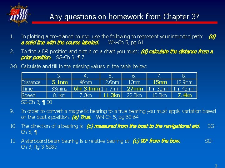 Any questions on homework from Chapter 3? 1. In plotting a pre-planed course, use