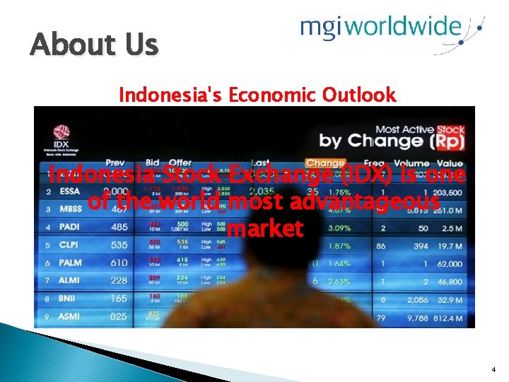 About Us Indonesia's Economic Outlook Indonesia Stock Exchange (IDX) is one of the world