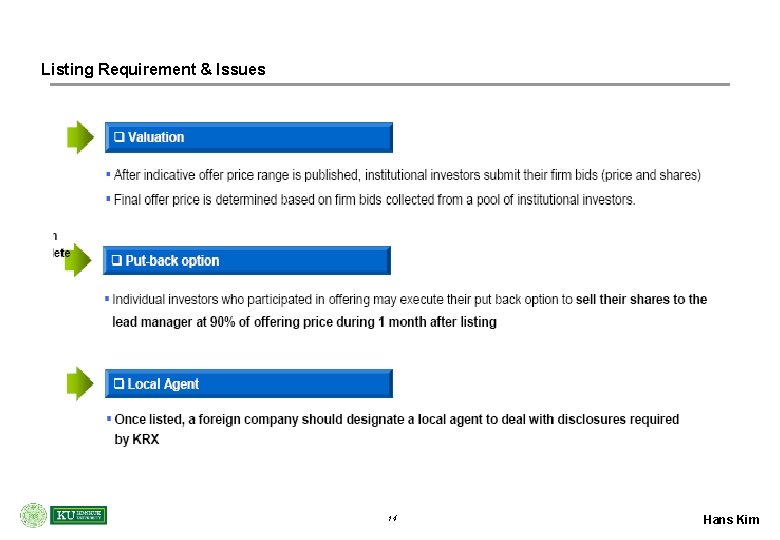 Listing Requirement & Issues 14 Hans Kim 
