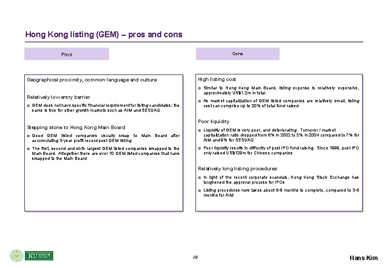 Hong Kong listing (GEM) – pros and cons Cons Pros High listing cost Geographical