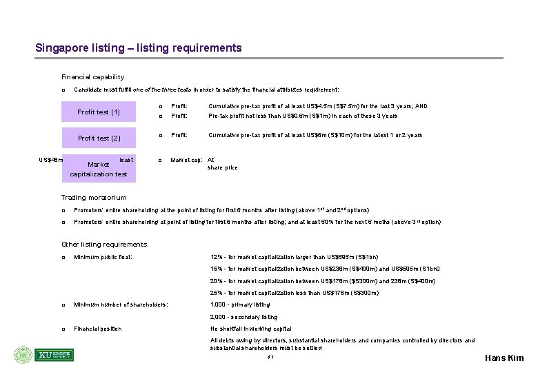 Singapore listing – listing requirements Financial capability q Candidate must fulfill one of the