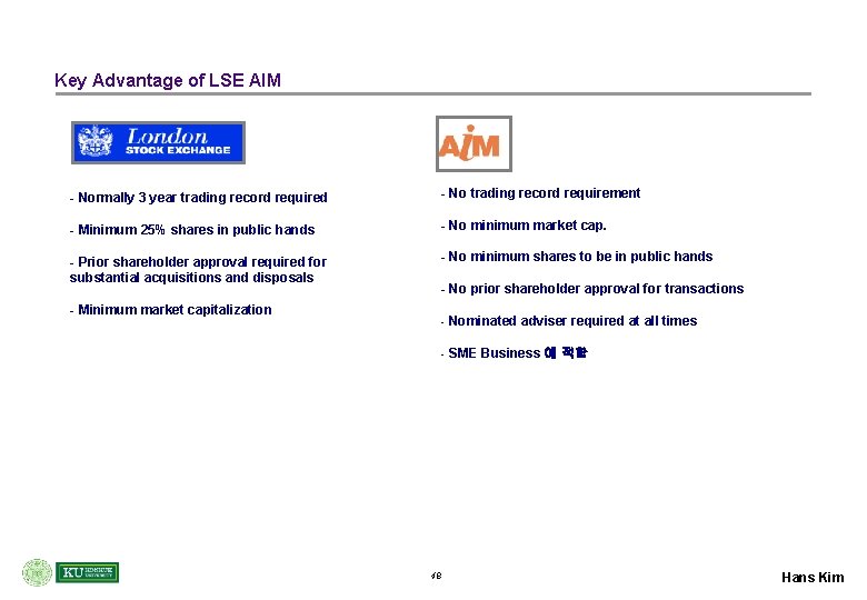 Key Advantage of LSE AIM - Normally 3 year trading record required - No