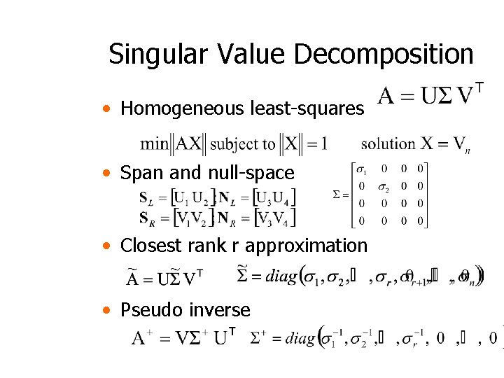 Singular Value Decomposition • Homogeneous least-squares • Span and null-space • Closest rank r