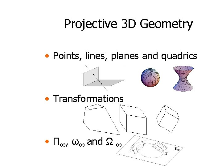 Projective 3 D Geometry • Points, lines, planes and quadrics • Transformations • П∞,