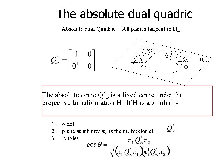 The absolute dual quadric Absolute dual Quadric = All planes tangent to Ω∞ The