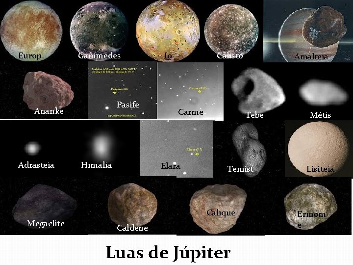 Europ a Ganímedes Pasife Ananke Adrasteia Megaclite Himalia Io Calisto Carme Elara Amalteia Tebe