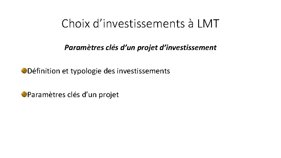 Choix d’investissements à LMT Paramètres clés d’un projet d’investissement Définition et typologie des investissements