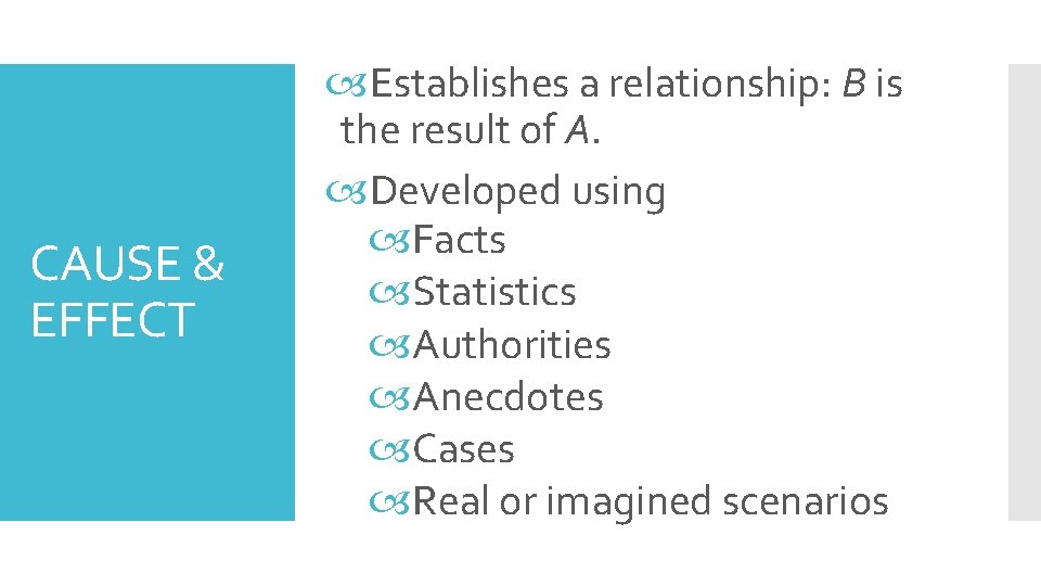 CAUSE & EFFECT Establishes a relationship: B is the result of A. Developed using