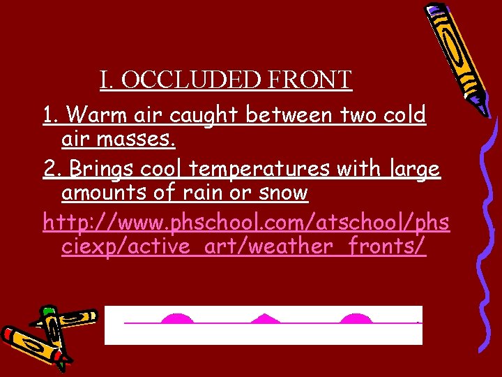I. OCCLUDED FRONT 1. Warm air caught between two cold air masses. 2. Brings