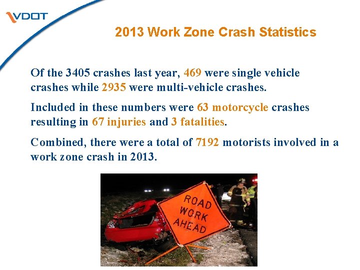 2013 Work Zone Crash Statistics Of the 3405 crashes last year, 469 were single